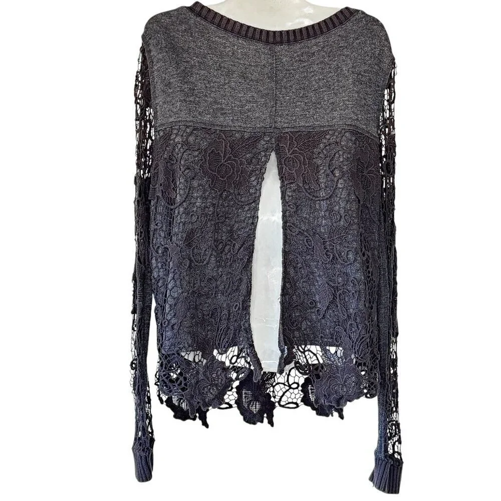 Free People Pretty Rad Sweater Graphite Black Round Neck Crochet Lace Goth Med